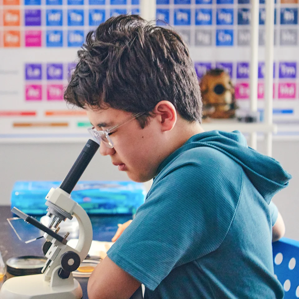Student using a microscope